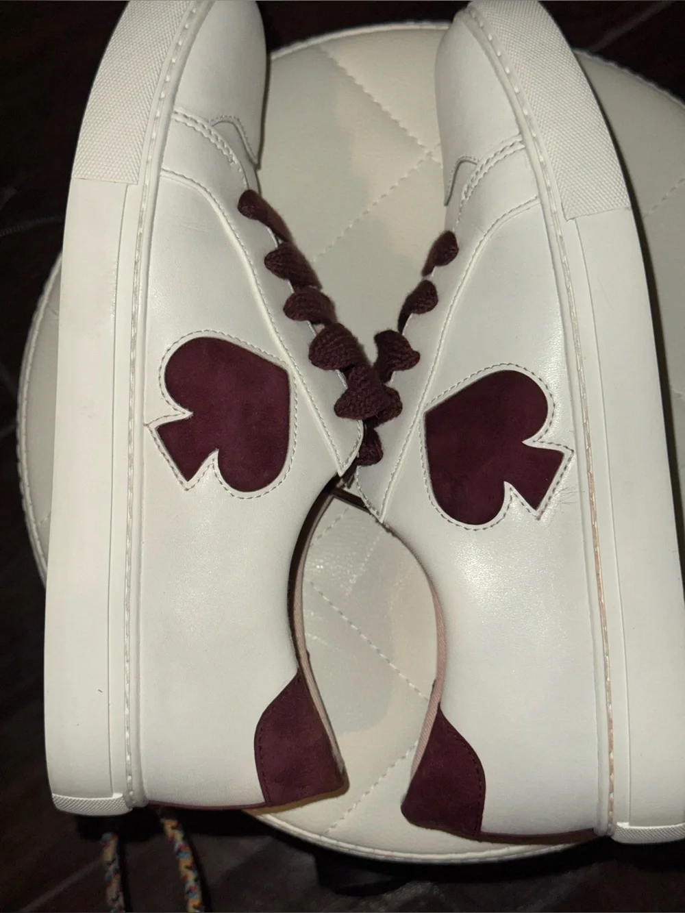 Kate Spade New York Fez White Leather Ace Suede Sneakers Burgundy Accent Sz 10B